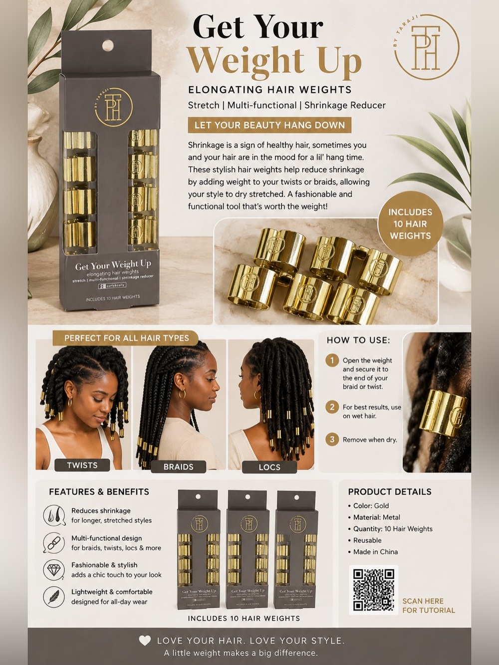 By Taraji P. Henson Get Your Weight Up Hair Weights 10pc Gold Braids Twists Locs